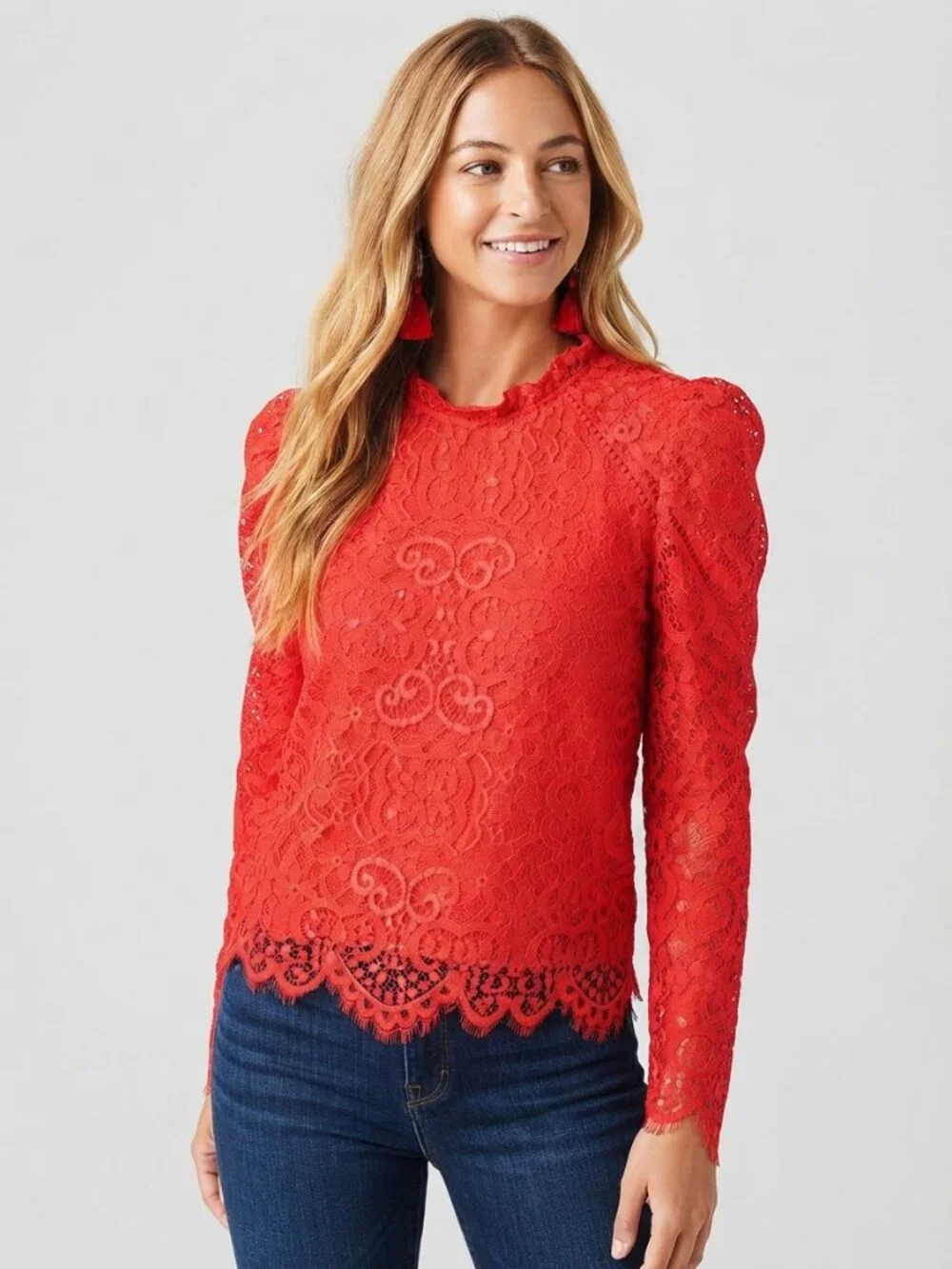 Lilly Pulitzer Ruby Red Averi Long Sleeve Lace Blouse Size XL 8944